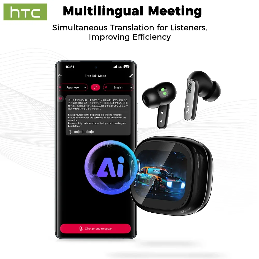 HTC NE46 سماعات بلوتوث لاسلكية رياضية مع مراقب معدل ضربات القلب شاشة LED تعمل باللمس للحد من الضوضاء داخل الأذن مترجم AI Earbu #5