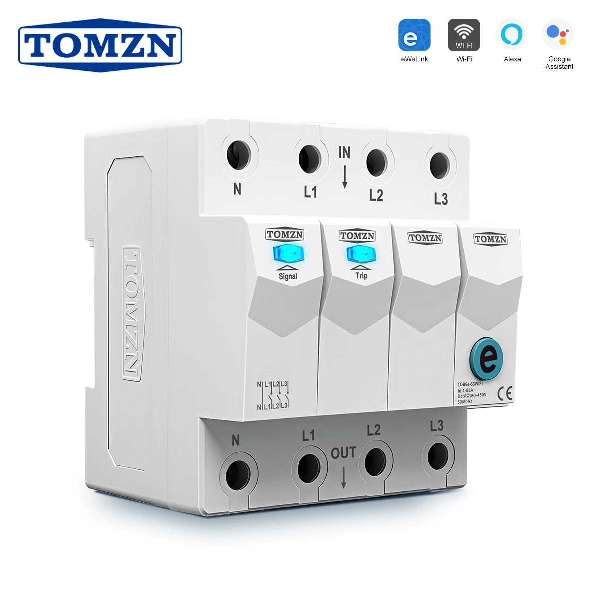TOMZN WLAN-Smart-Leistungsschalter 3P+N 3-Phasen 208V 380V 63A DIN-Schiene EWeLink 3 Relais Stromunterbrechung Zeitschaltuhr Einschalt-/Ausschaltverzögerung