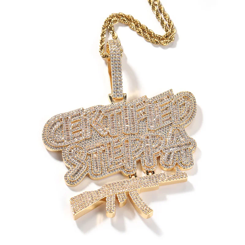 

Hip Hop 5A+ CZ Stone Paved Bling Iced Out AK47 Gun Pendants Necklace for Men Rapper Jewelry Gold Color