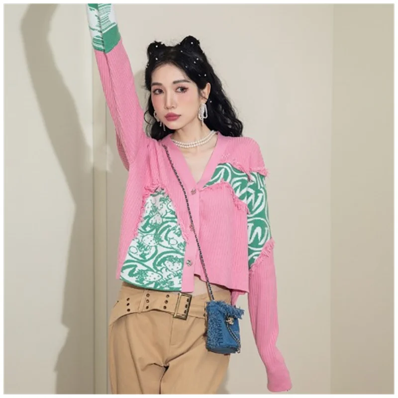 

Women's Clothing Knitted Cardigan Top Design Sense Splicing Color Contrast Short Sweet Age Reducing Soft Waxy Pink Sweater Coat