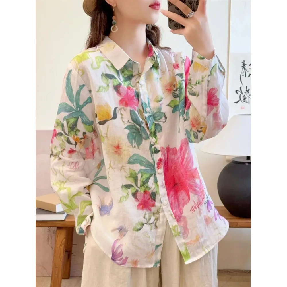 Autumn 2026 New Floral Print High Yarn Flax Women's irt Versatile Loose Fit Long Sve  Collar Button down Top