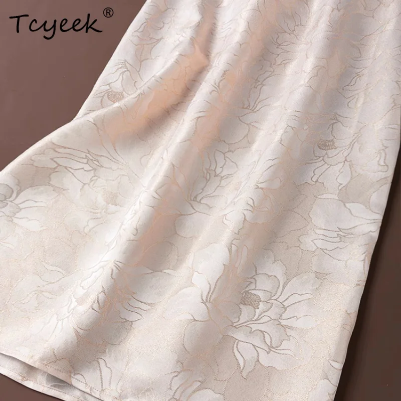 تنورة Tcyeek صيفية 100% من حرير التوت، تنورة نسائية من قماش الجاكار المغزول بخصر مطاطي وفتحة مستقيمة الساق، تنورة صيفية جديدة لعام 2025 D55623JF