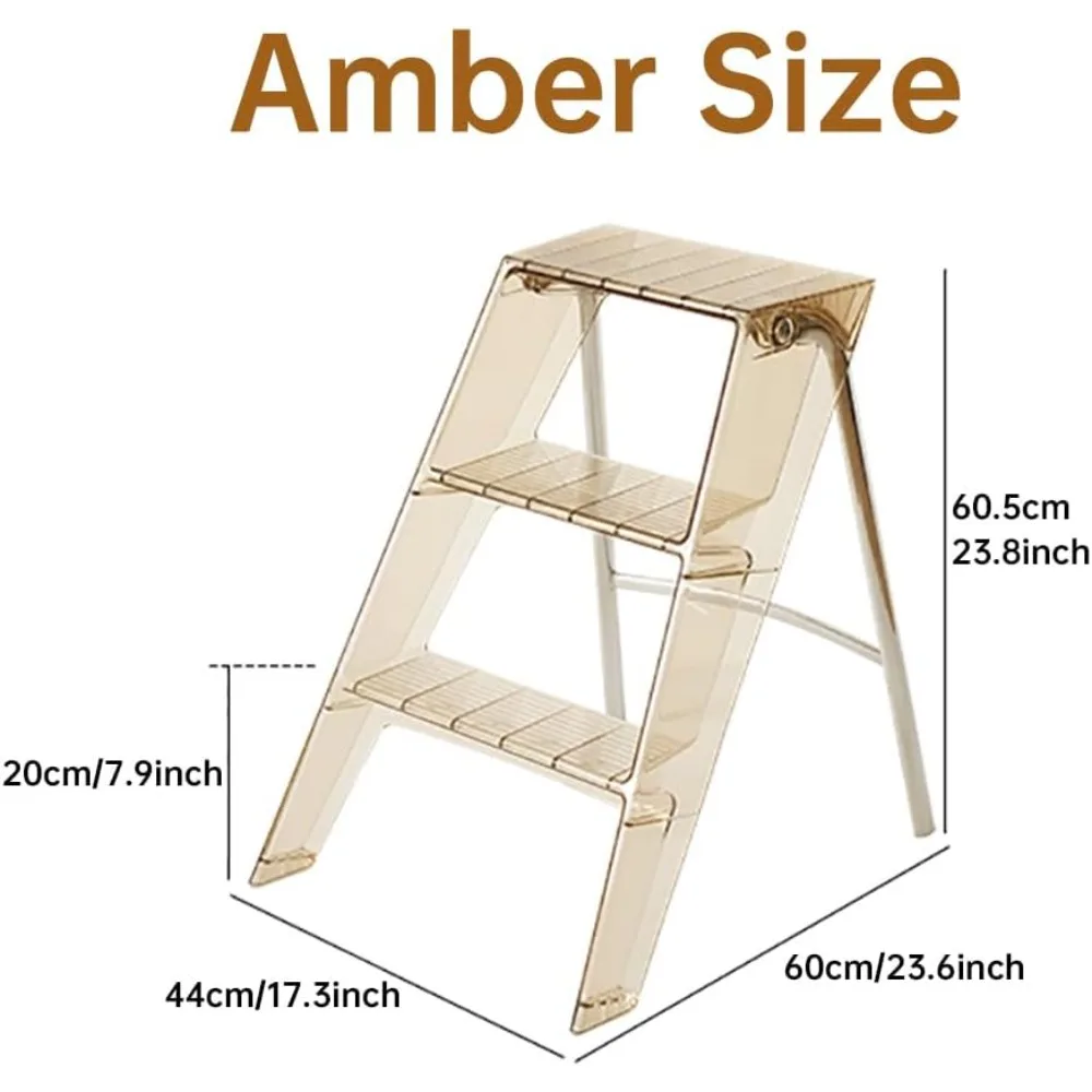 Folding Step Stool for Adults, 3 Step Ladder for Kitchen,Library  Stool Acrylic Chair with  Anti-Slip Platform and Steel Frame