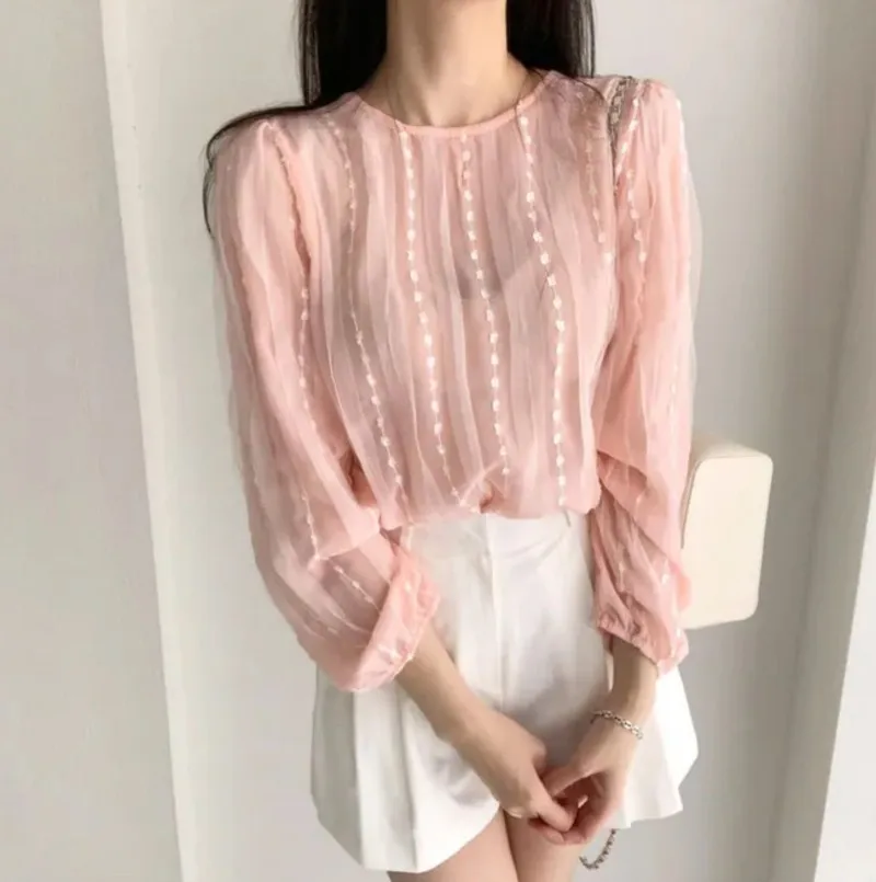

2026 Early Spring New Product Sweet and Gentle Wind Round Neck Slightly Transparent Polka Dot Lace Shirt Blouse