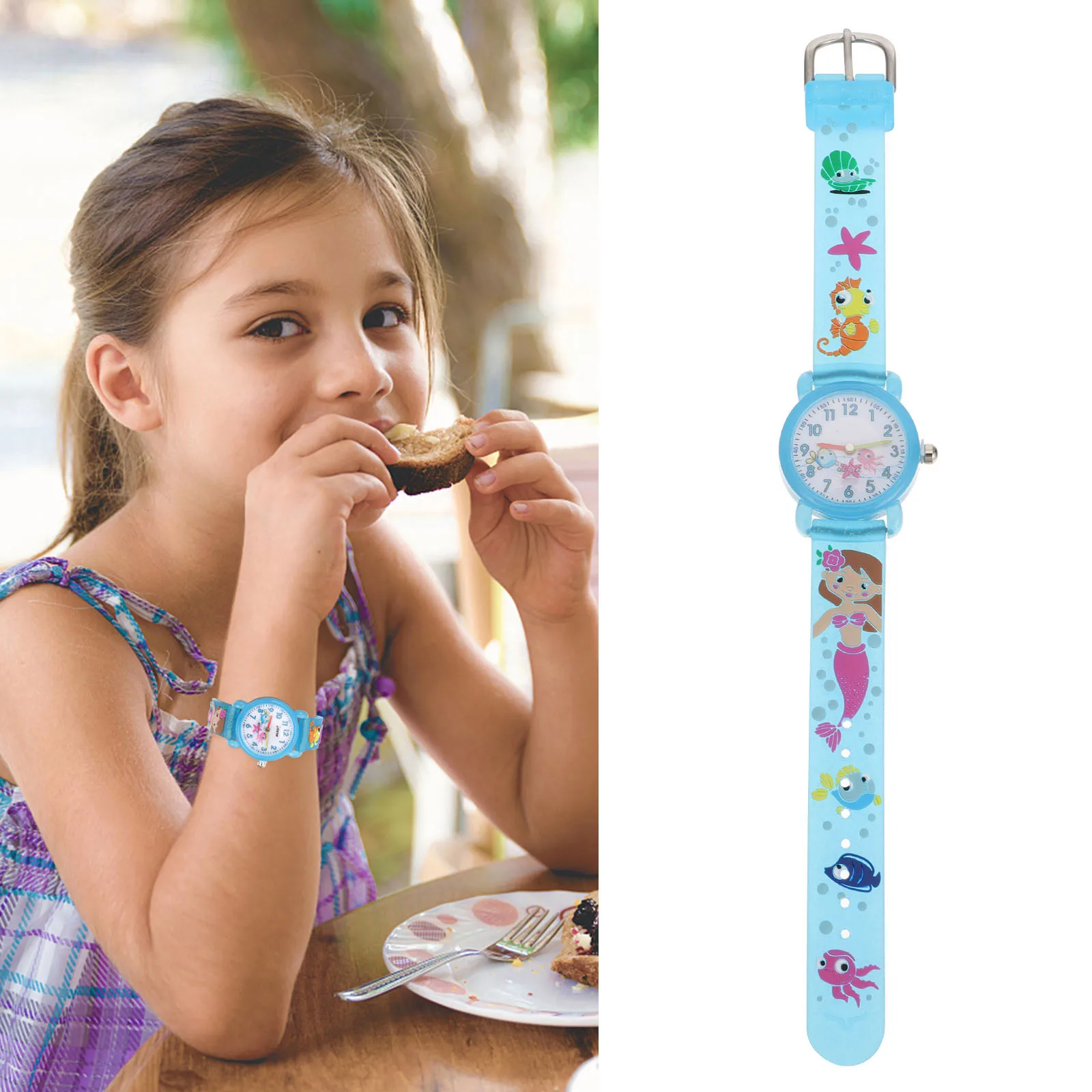 1pc Cartoon Watch Mermaid Pattern Comfortable Fit For Student Time Learning Aid Birthday Christmas Gift Waterproof
