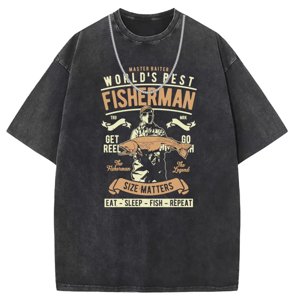 World's Best Fisherman T-shirts Eat Sleep Fish Repeat Long Sleeve Tee Shirt Men Novelty Tee Tops Washed Cotton Oversized TShirts