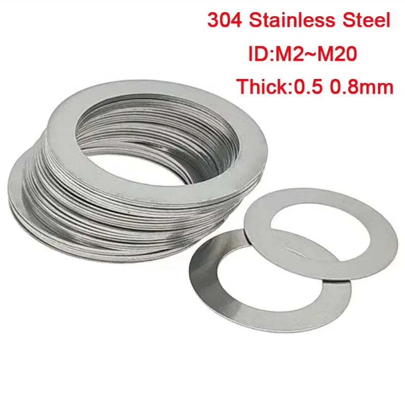

20~200Pcs Thin washer Thick 0.5mm 0.8mm 304 Stainless Steel Ultra-thin Flat Gasket Bearing Screw Shim Adjustment Washer M2~M20