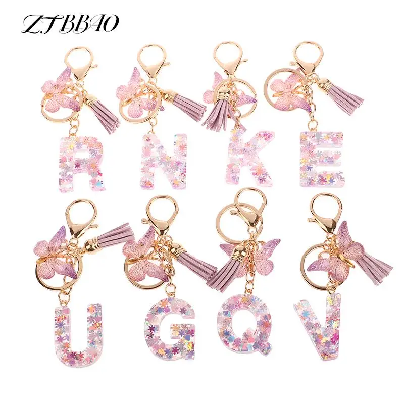 A-Z Dreamy Sequin Letters Keychain Tassel Butterfly Pendant Initial Keyring For Women Purse Suspension Bags Charms Car Key Chain