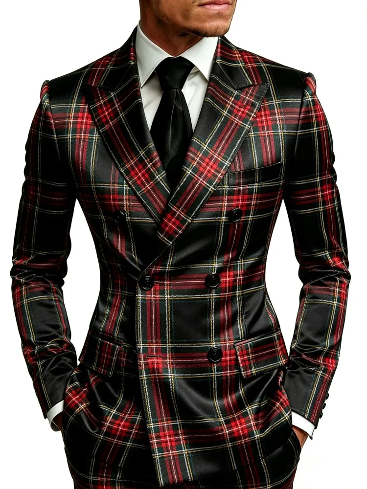 Mens Slim Fit Black Red Tartan Plaid Print Satin Double Breasted Blazer Tuxedo Jacket
