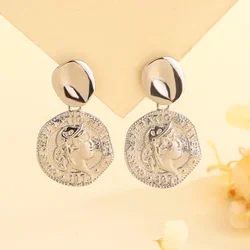 Luxurious Creative Design Gold Coin Head Earrings Vintage High Sense Irregular Earrings S925 Silver Plated Jewelry for Women