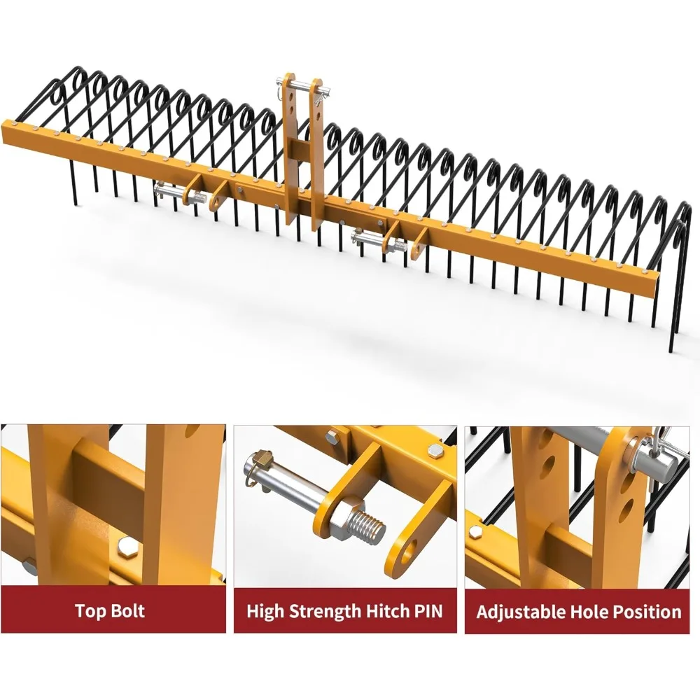 Durable Powder Coated Steel Pine Straw Rake Steel Spring Landscape Rake Attaches to Cat 0 Cat 1,3 Point Hitch for Tractor