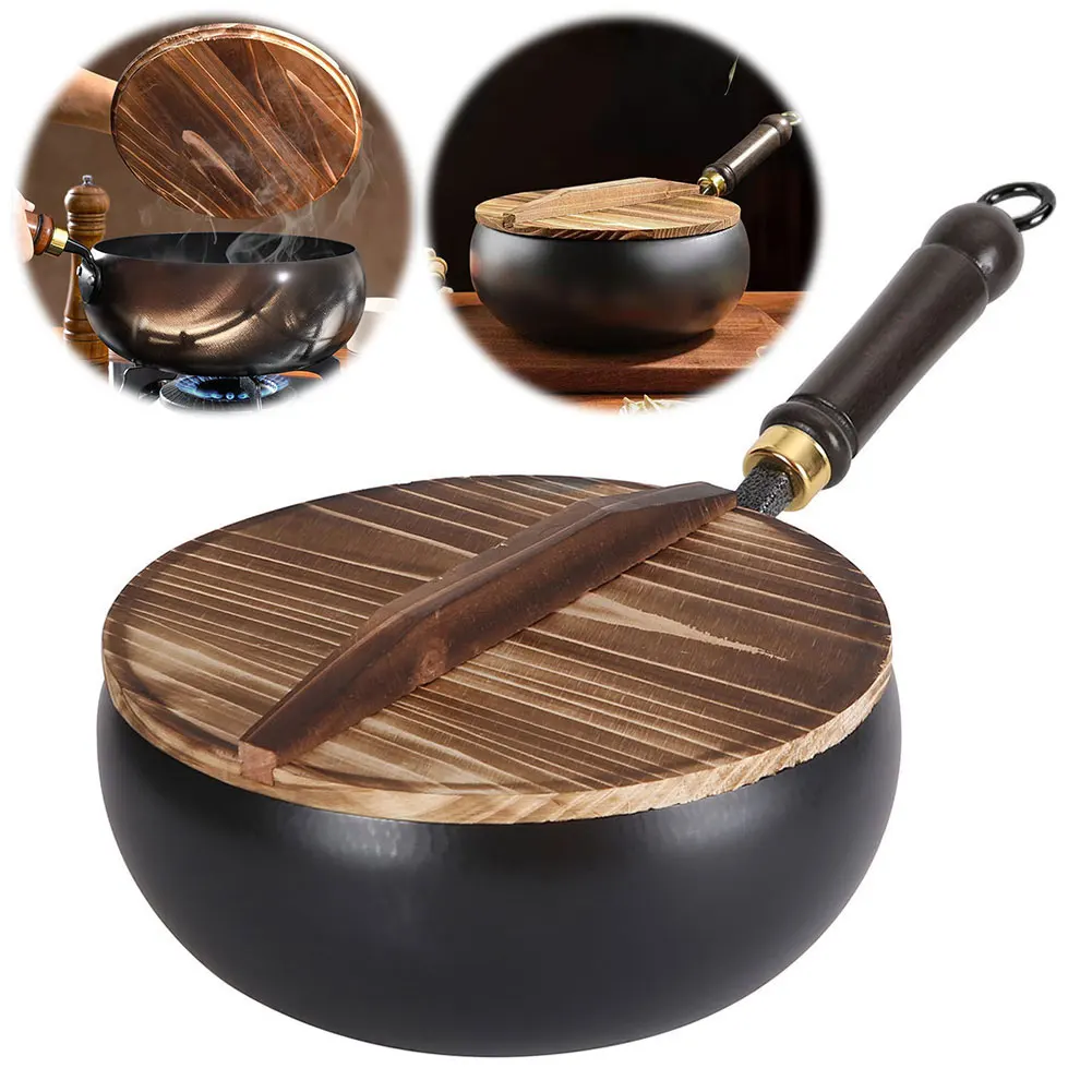 

Uncoated Iron Pan with Wooden Handle Flat Bottom Iron Pot for Indoor and Outdoor Cooking