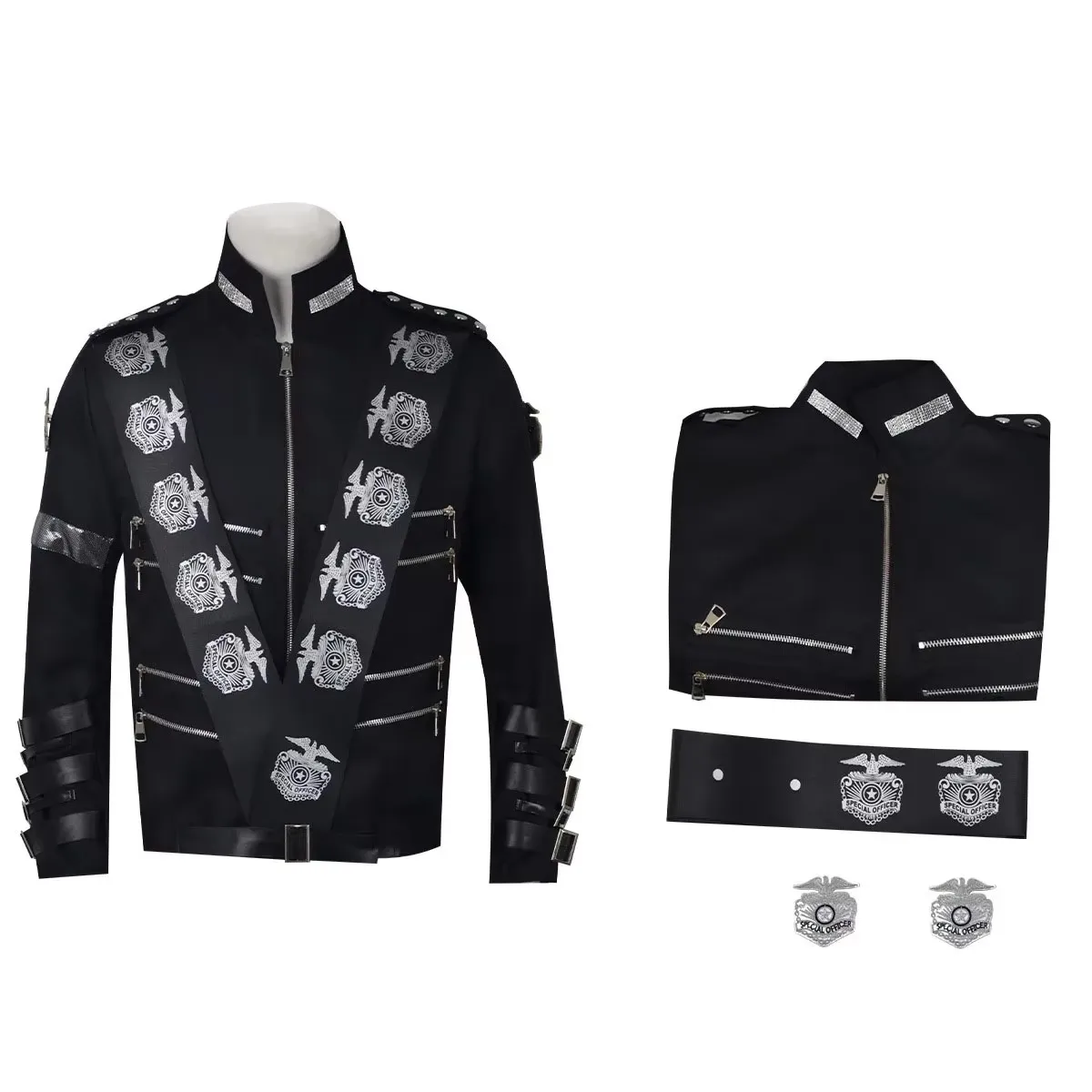 Michael-Jackson-Kostüm-Jacke im Stil von BAD Schwarz mit Silbernen Adler-Abzeichen Punk-Metal-Wollkleidung