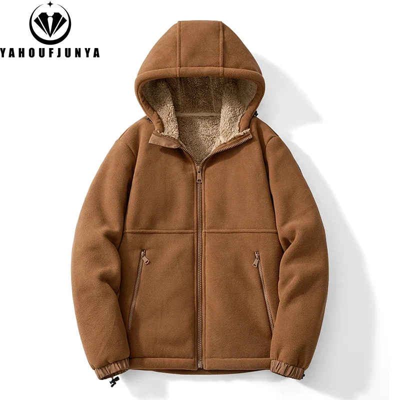 2024 Men Winter Outdoor Casual Fleece Warm Hooded Jacket Men Solid Color Zipper Fashion High-Quality Design Jacket Male Coat 5XL