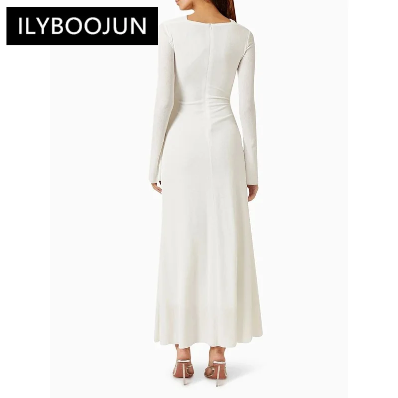 ILYBOOJUN Solid Patchwork Folds Chic Dress For Women O Neck Long Sleeve High Waist Spliced Zipper Elegant Dresses Female New