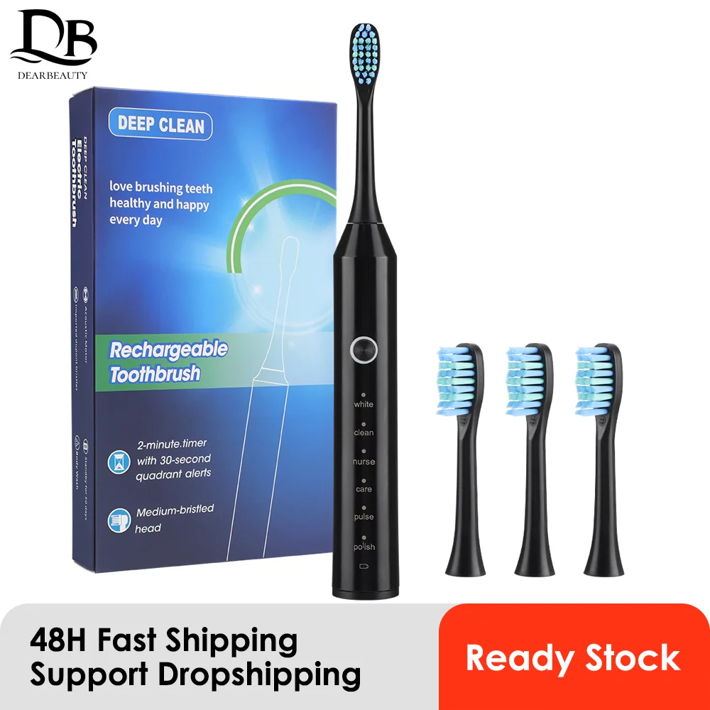 

USB Rechargeable Electric Toothbrush Automatic Sonic Toothbrush for Adults with 6 Modes and 4 Replacement Brush Heads