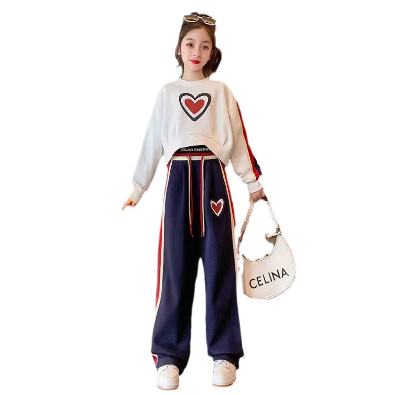 Fashion 2023 Girls Clothes Sets Autumn Kids Long Sleeve Sweatshirt + Wide Leg Pants Children Clothing Suits 6 8 10 12 14 Year