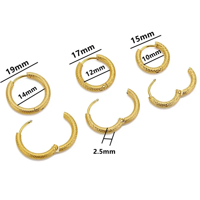 6pcs 10/12/14mm Stainless Steel Gold Color Round Ear Rings Grid Texture Hoop Earrings for Women Female Fashion Luxury Jewelry