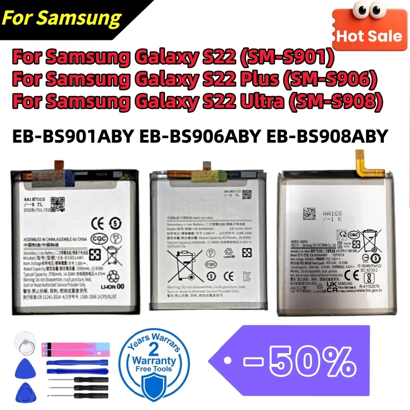 

Replacement Battery For Samsung Galaxy S22 S22 Plus S22 Ultra SM-S901 SM-S906 SM-S908 High Capacity Full RepairTools