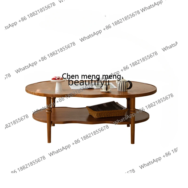 

French Retro Cherrywood Solid Wood Double-Layer Coffee Table Small Apartment Simple Oval Tea Table Petal-Shaped Coffee Table