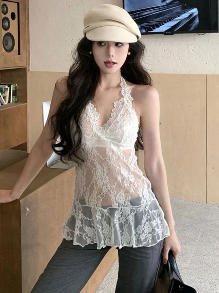 فستان هالتر من الدانتيل الأبيض للنساء شفاف صيفي شفاف مثير نمط موضة بدون أكمام غير رسمي Hotsweet High Street Y2k Vestidos #2