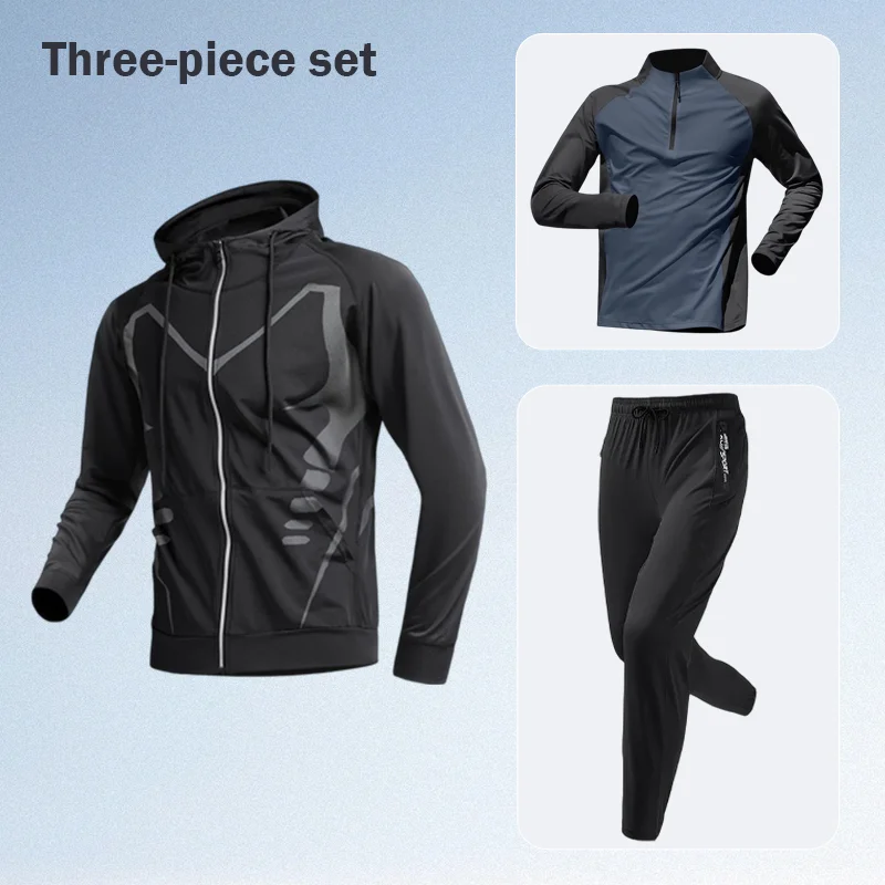 

Мужской спортивный костюм-тройка: быстросохнущая облегающая одежда для тренажерного зала, утренних пробежек, тренировок и велоспорта