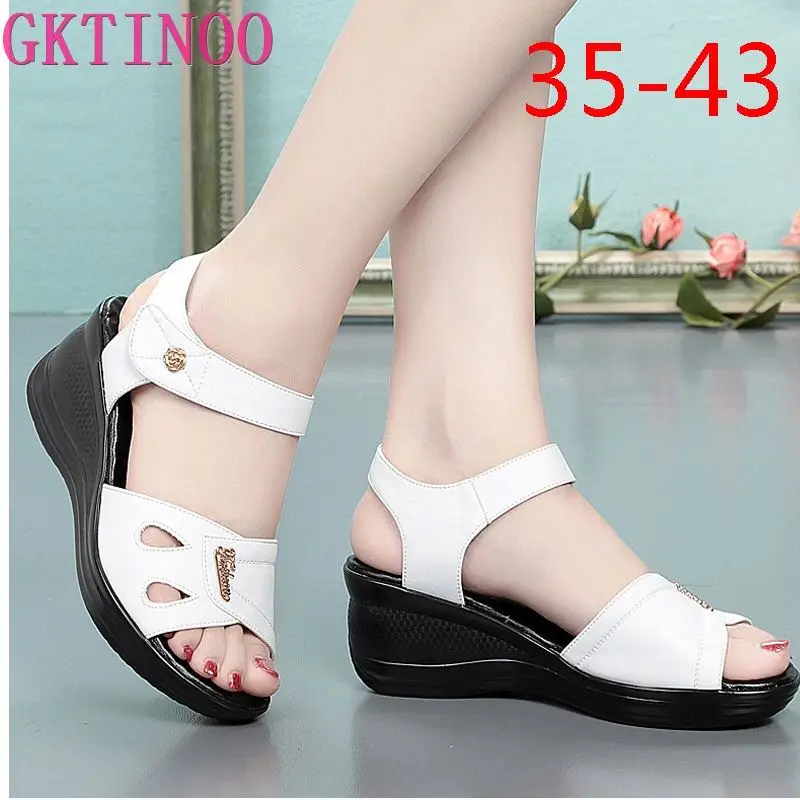 GKTINOO Summer Woman Leather Shoes Soft Outsole Open Toe Sandals Casual Wedges Women Shoes 2024 New Fashion Women Sandal