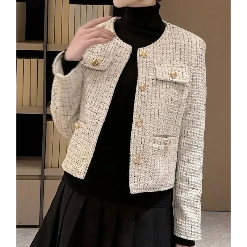 Female Advanced Feeling Long Sleeves Coat Spring Autumn Women Round Neck Short Outwear Korean Ladies Splicing Together Jacket