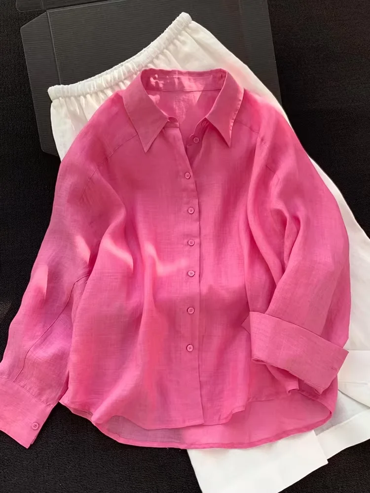 

Loose Fit Linen Sun Protection Shirt Women's Pink Summer Thin Outerwear Top Brand Buckle Korean Style Commute Casual Shirt