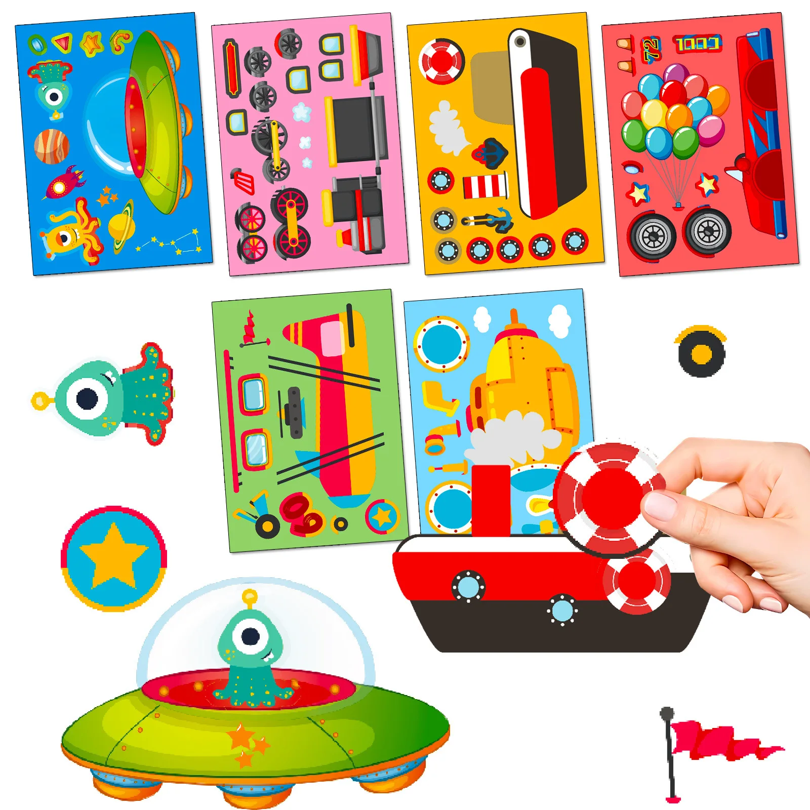 Cartoon Engineering Vehicle Puzzles Stickers For Children Kids Toddlers Freely Paste Assemble Ships Spacecraft Cars DIY Stickers