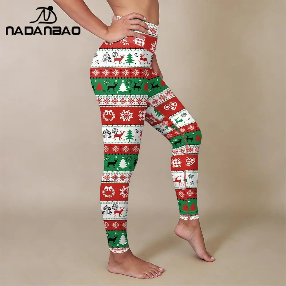 Nadanbao Fashion Fair Isle Print Leggings Women's Christmas High Waist Trousers Elastic Yoga Pants Holiday Party Casual Bottoms