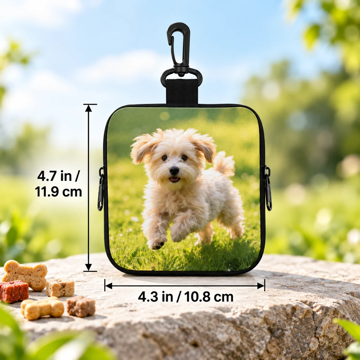 Custom Photo Dog Training Treat Bag Personalized Pet Snack Pouch with Clear Window 600D Oxford Clip Hook for Walking Outdoor Use