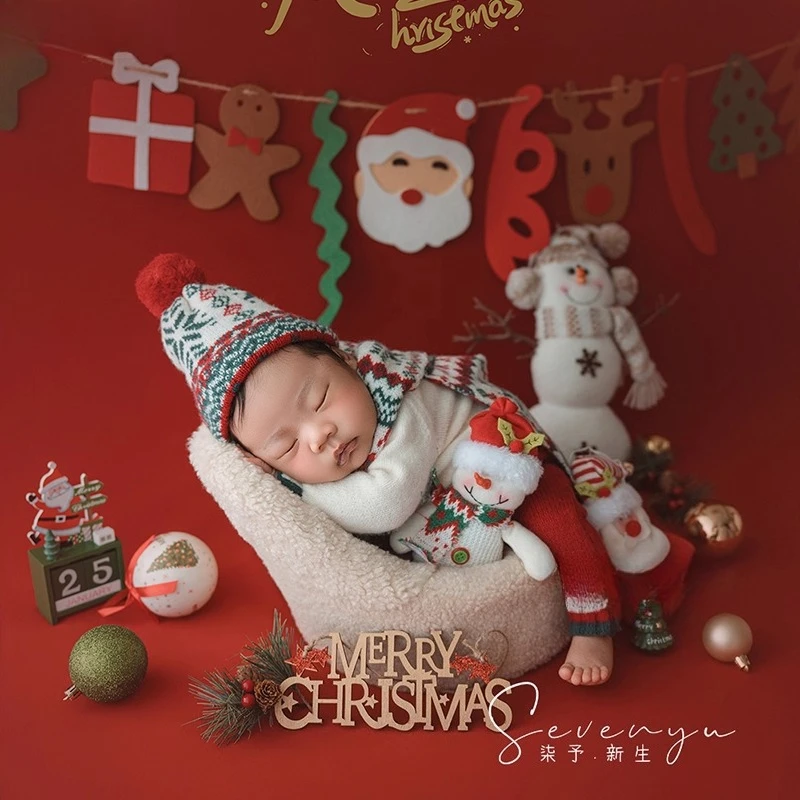 Newborn Photography Props Backdrop Christmas Knitted Outfit with Scarf X'mas Decors Accessories Set for Baby Studio Photoshoot
