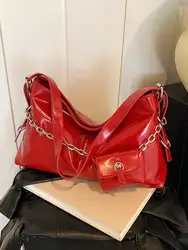 2024 Fashion Red Wedding Bags Women Solid Color Soft Leather Large Capacity Handbags Lady Bridal Shoulder Bag