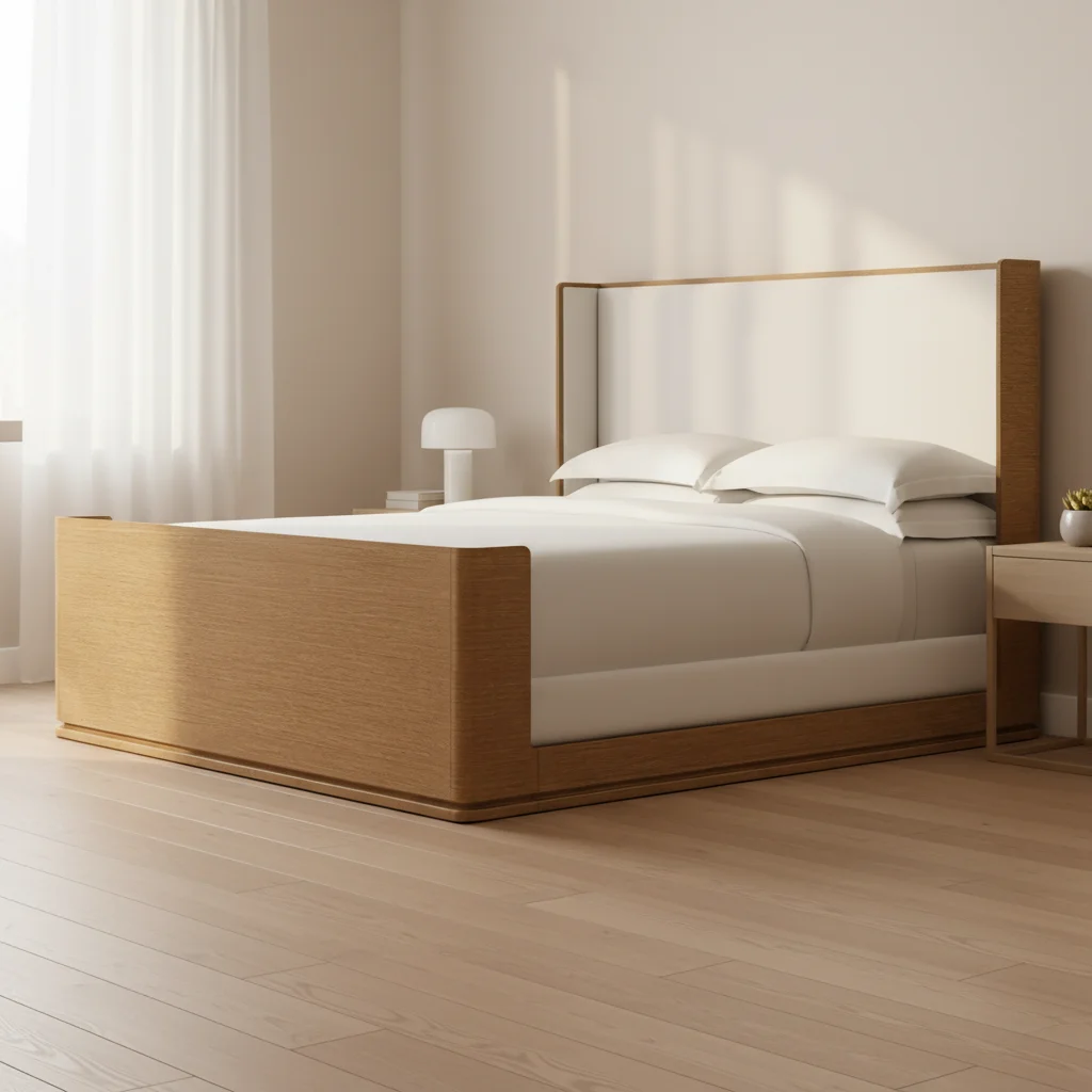 xx-RH LIGNE Double Queen/King Fabric Shelter Bed Footboard Crisp White Upholstery Warm Solid Oak Frame Traditional Platform Bed
