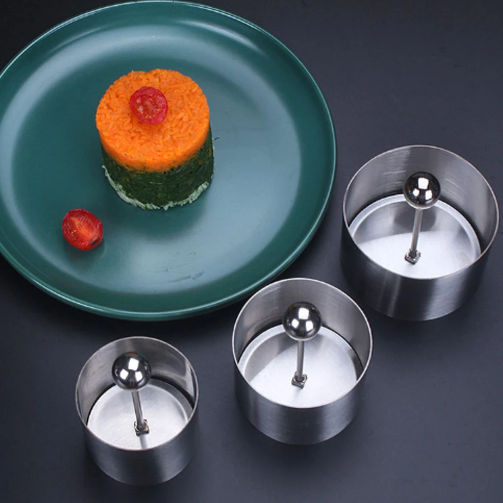 Moule rond en boule de riz en acier inoxydable, avec poussoir, anneau de Mousse pour gâteau, outils, démoulage facile, fabrication de Sushi, presse alimentaire, 3 pièces