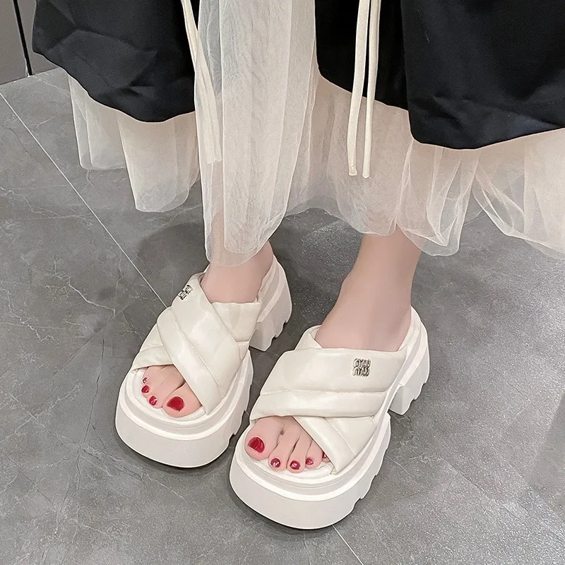 Summer Chunky Sandals Women\'s Thick Bottom Wedge Heels Slides 7.5CM High Heels Platform Leather Casual Beach Flip Flops Woman