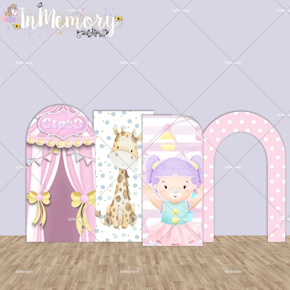 Circus เปิดพื้นหลังผ้าม่านสีชมพู Arch Wall Chiara ฉากหลังสำหรับสาววันเกิดตกแต่ง Photocall แบนเนอร์