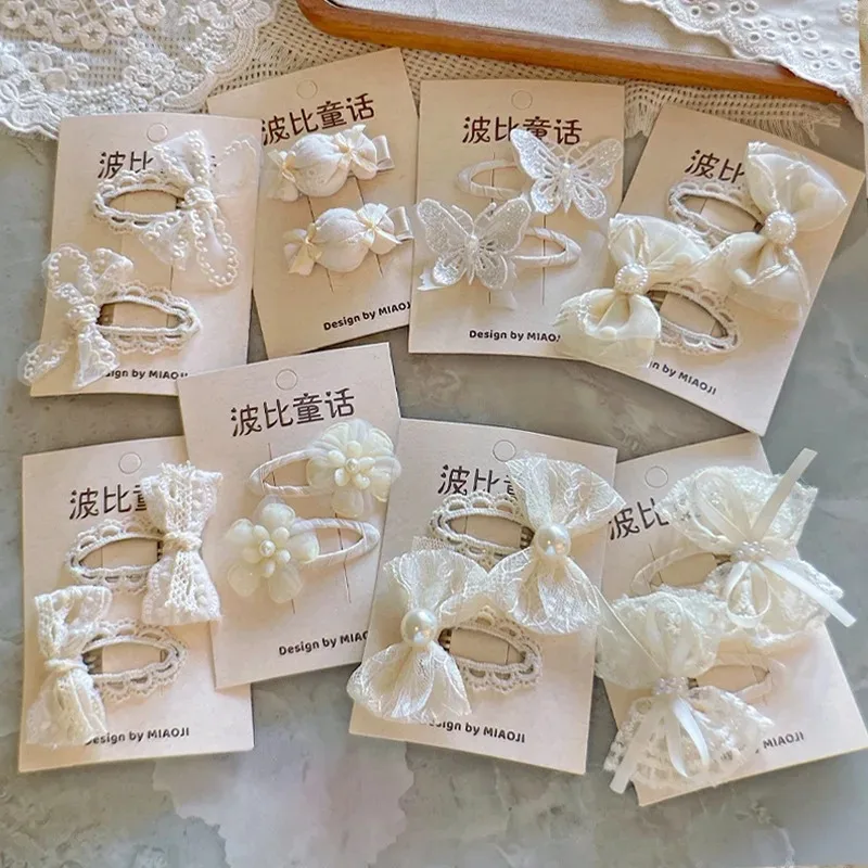 Bonito tecido laço arco grampos de cabelo conjunto coreano lado franja clipes para meninas presentes aniversário bb grampos de cabelo acessórios para o cabelo