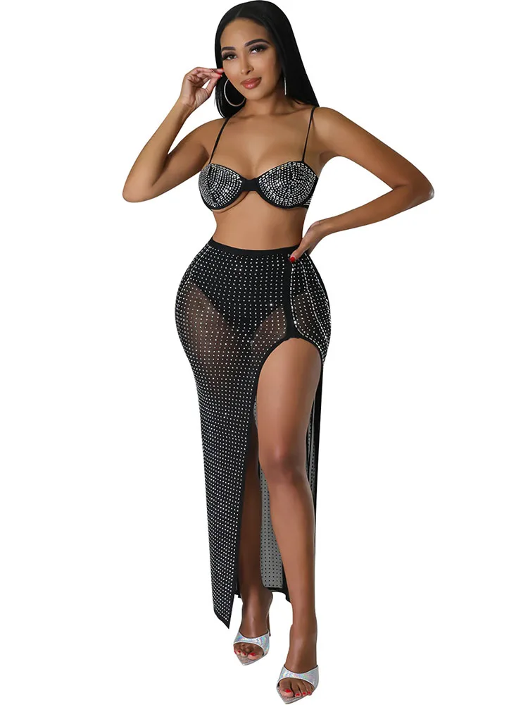 

Szkzk Sexy Rhinestone Two Piece Club Mesh Set Women Corset Tops And Long Slit Skirts See Through Black White Outfits Party Sets