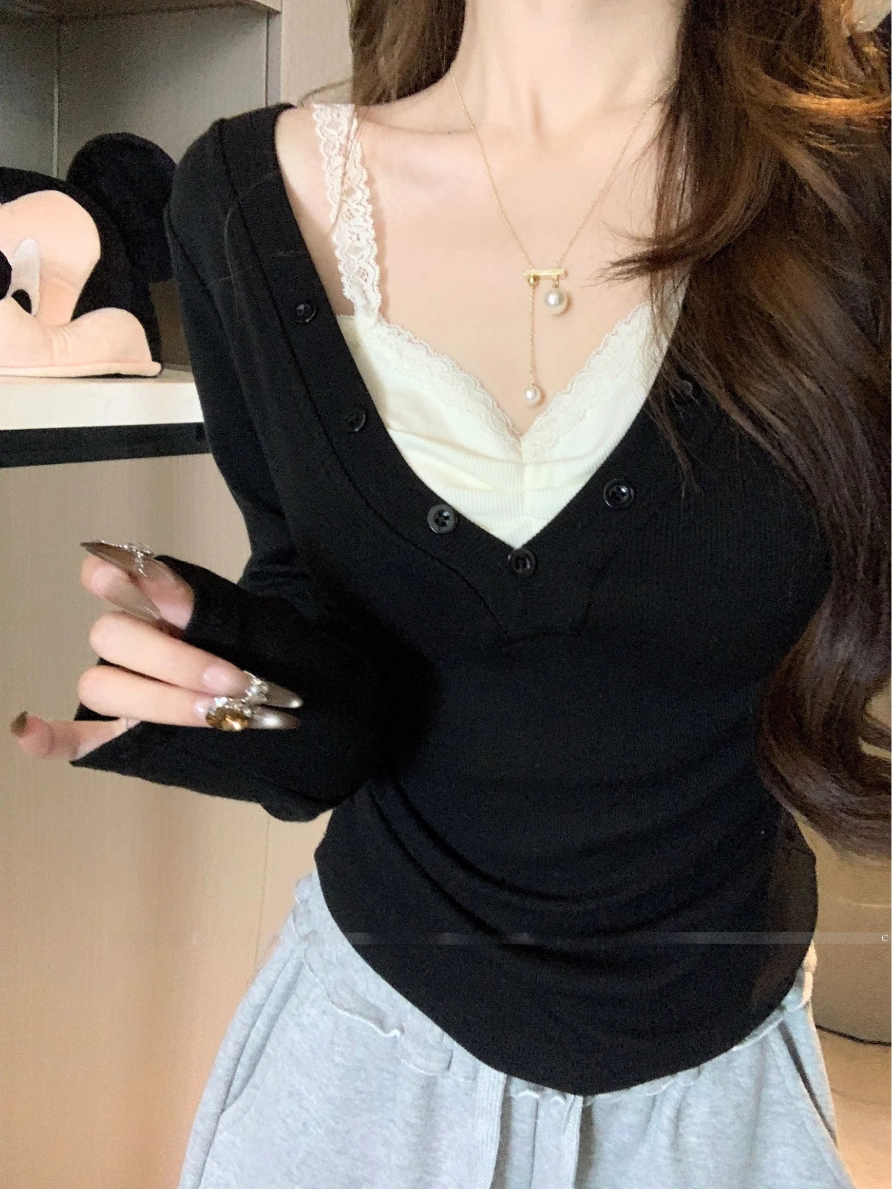 

plus Size Women's Lace Splice Fake Two-Piece T-Shirt Slimming High Waist Design Korean Style Commute Fashion Autumn New Arrivals