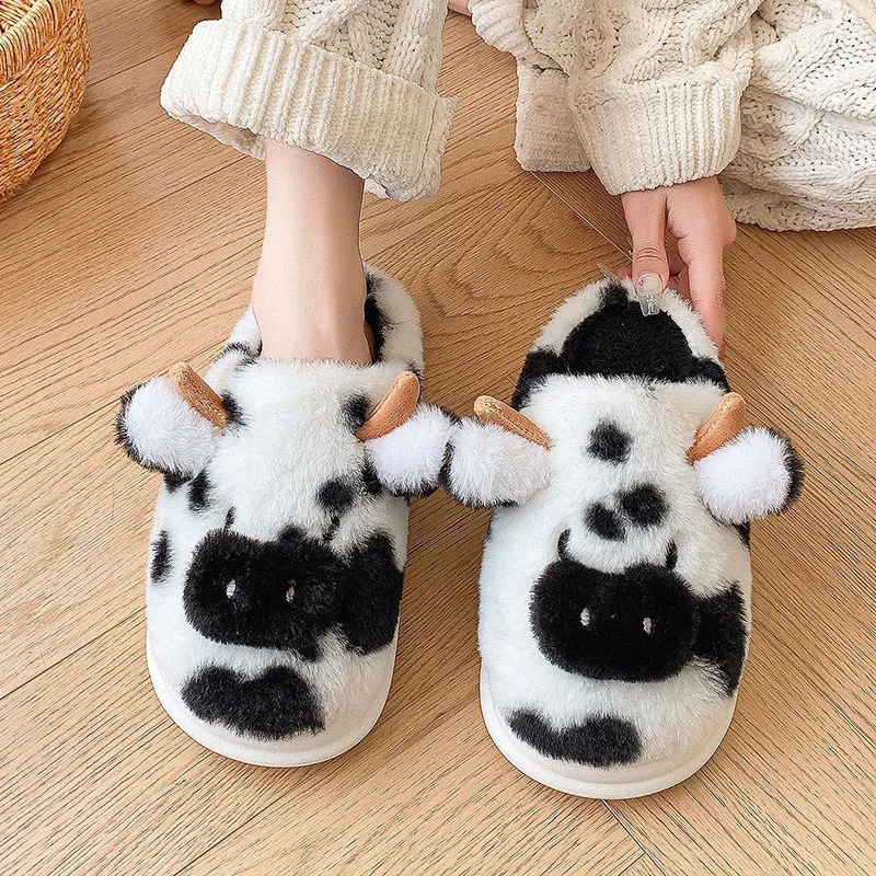 Winter Warm Cartoon Cow Slippers Women Closed Toe Non Slip House Furry Slides Woman Indoor Bedroom Soft Sole Plush Slippers