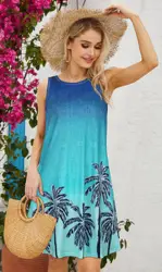 2024 Women's Summer Dress Gradient Blue print Casual beach sleeveless vest with loose skirt with pocket Elegant evening gown