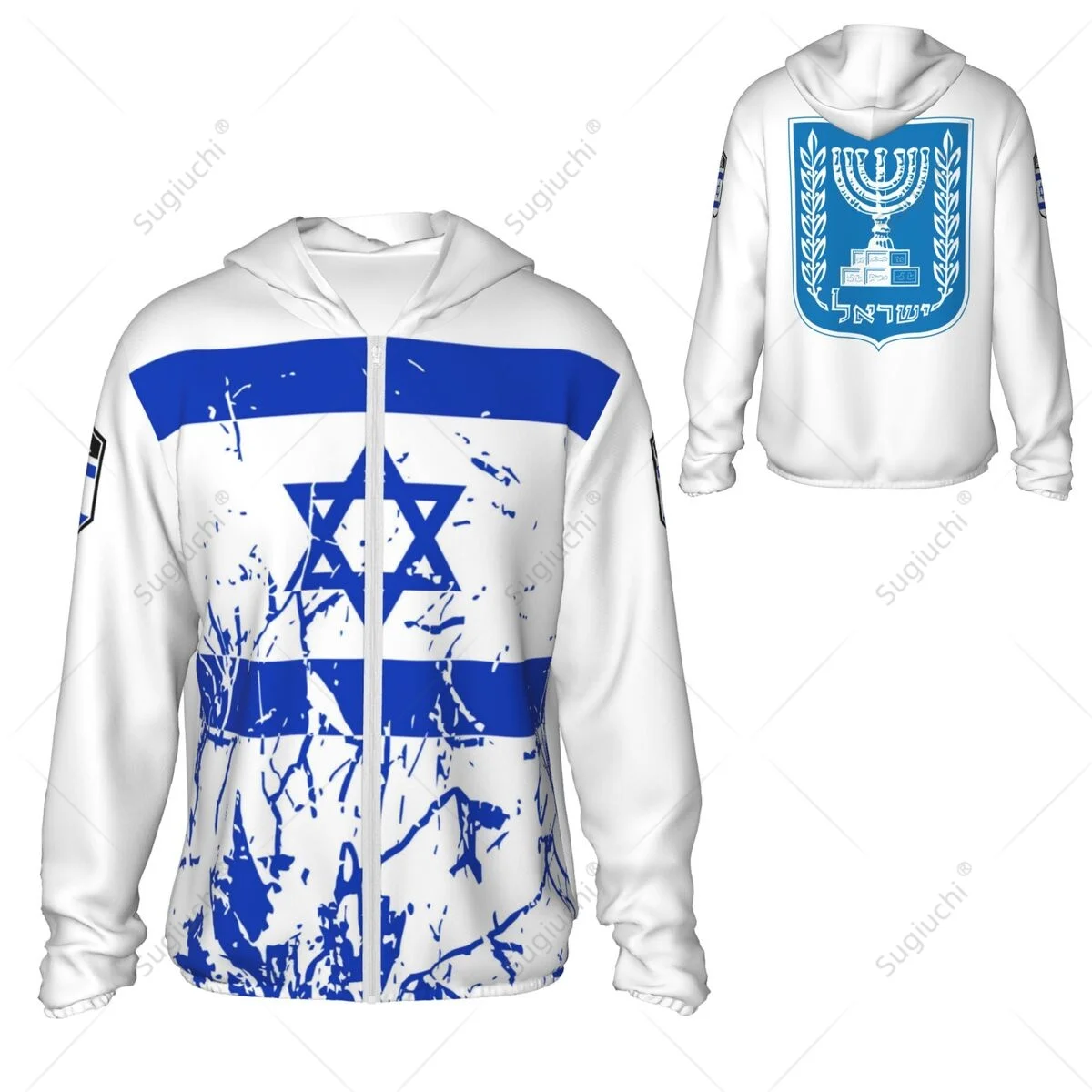 Israel Flag Grain Sun Protection Hoodie, Roupas com protetor solar, Pesca, Ciclismo, Corrida, Secagem rápida, Manga comprida com zíper, Poliéster