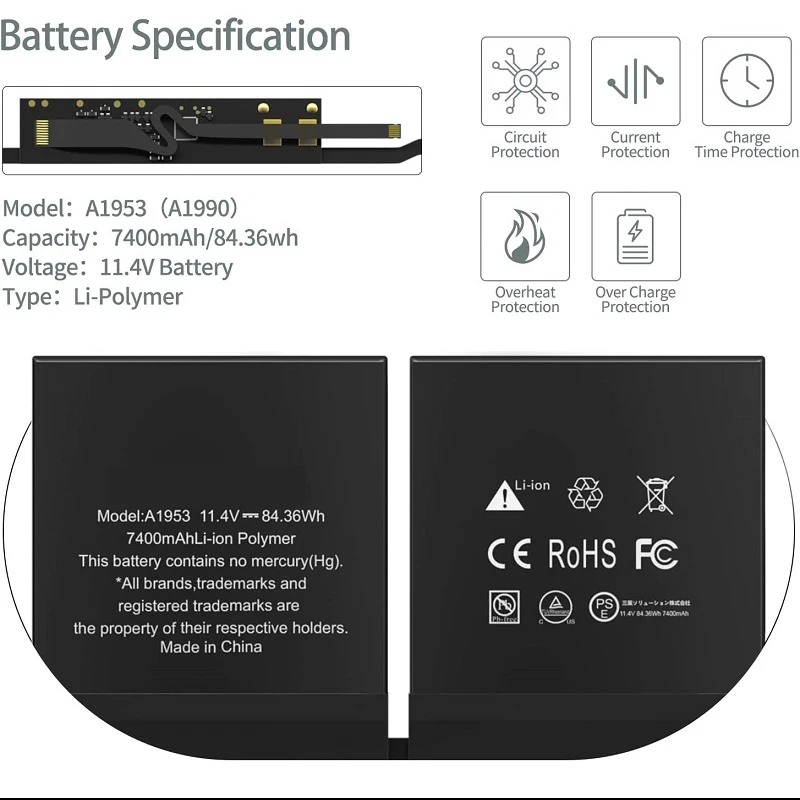 Batterie de remplacement pour MacBook Pro 15 "Touch Bar A1953 (Mid 2018 2019), EMC 3215 3359 MV902LL/A MV912LL/A MV922LL/A