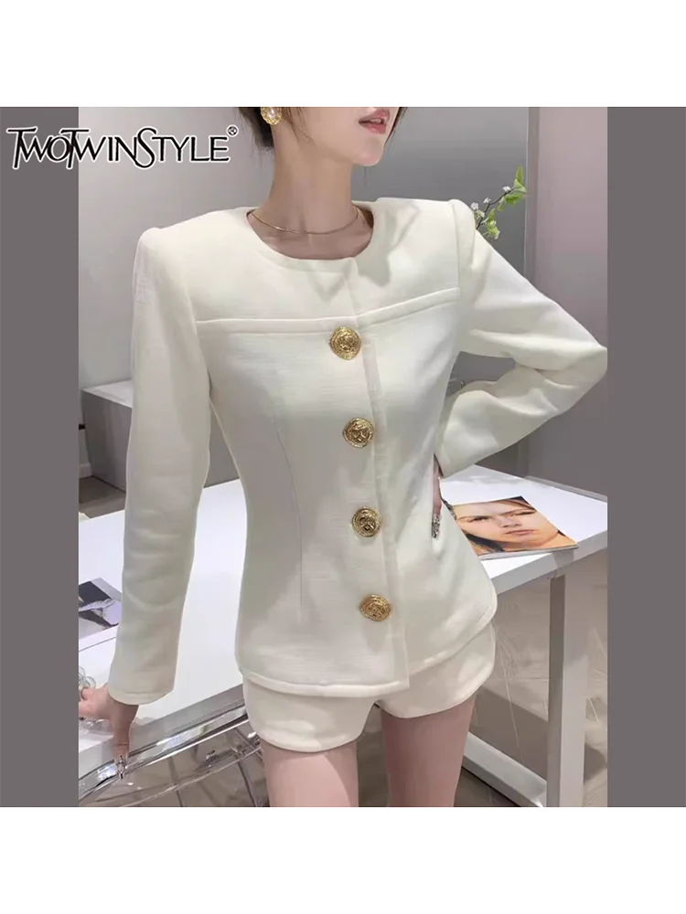 

TWOTWINSTYLE Solid Elegant Two Piece Set For Women O Neck Spliced Single Button Coats High Waist Skinny Short Pant Set Female