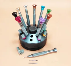 Kwong Yuen Assortment of 10pcs Watch Repair Screwdriver Set Flat Blade 0.6-3.0mm with Stand and Spare Tips