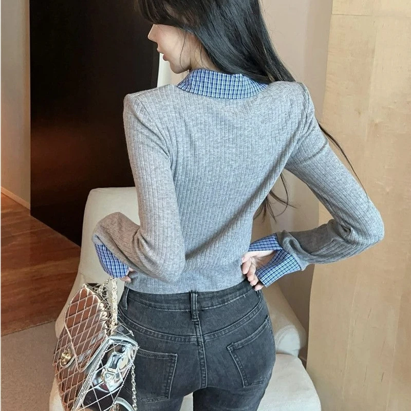 Tops plisados de retazos a cuadros de estilo Preppy, camisetas dulces de manga larga con cuello tipo Polo para primavera y otoño, ropa de moda coreana para mujer