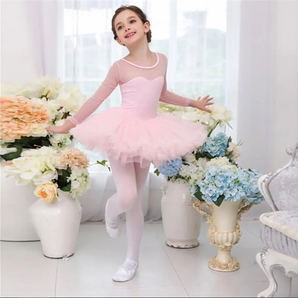 New Sweet Latin Dance Dress For Kids Solid Color Long-sleeved Lace Ballet Dress Kid\'s Temperament Dancewear Stage Costume