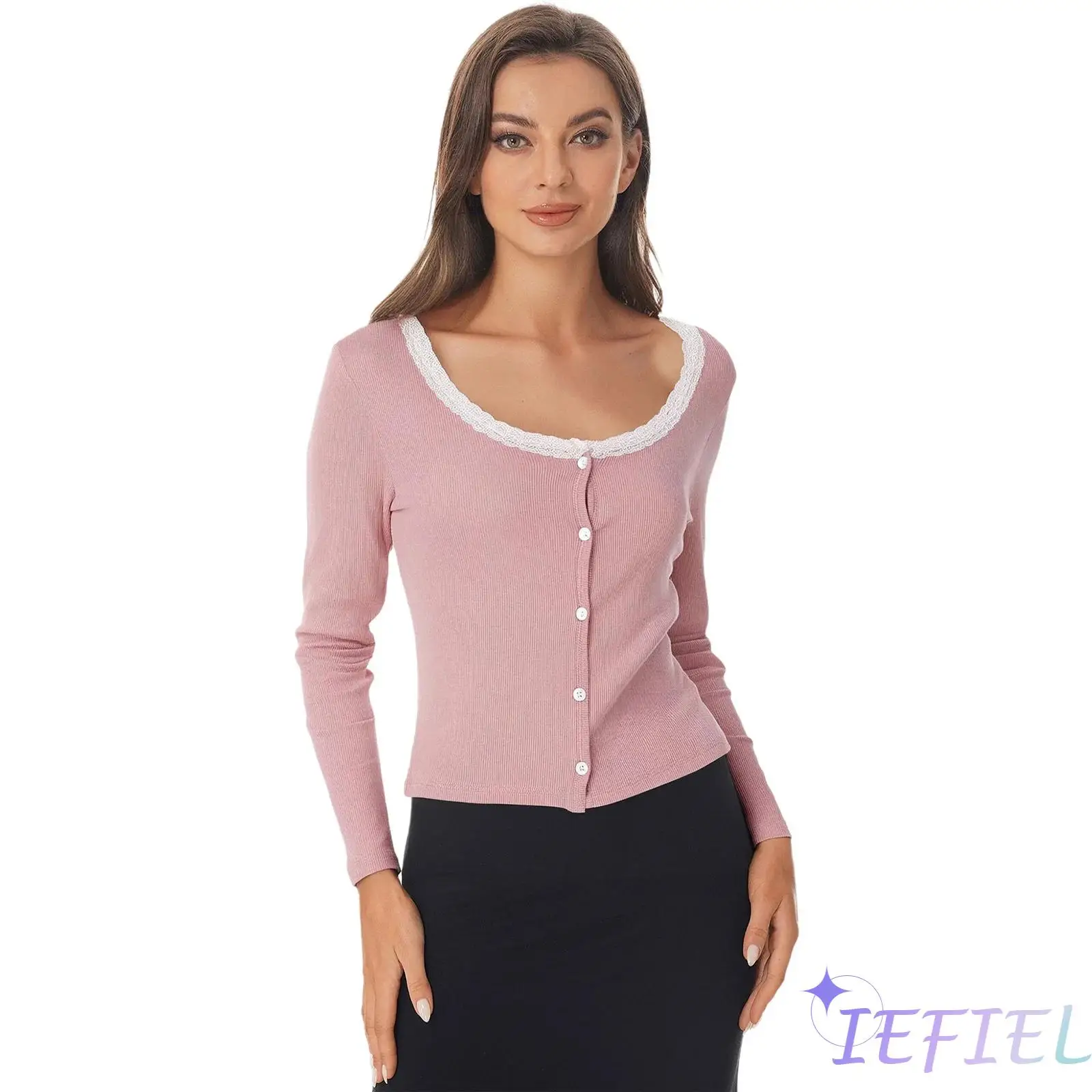 

Chunky Knit Cardigan for Women Long Sleeve Button Front Lace Trim Crop Sweater Non Pilling Office to Casual Draped Outerwear